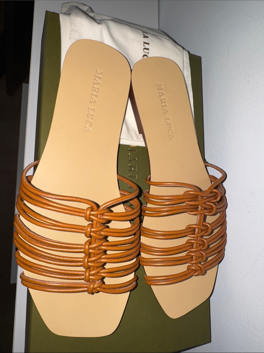 Tan Strappy Slide Sandals by Maria Luca